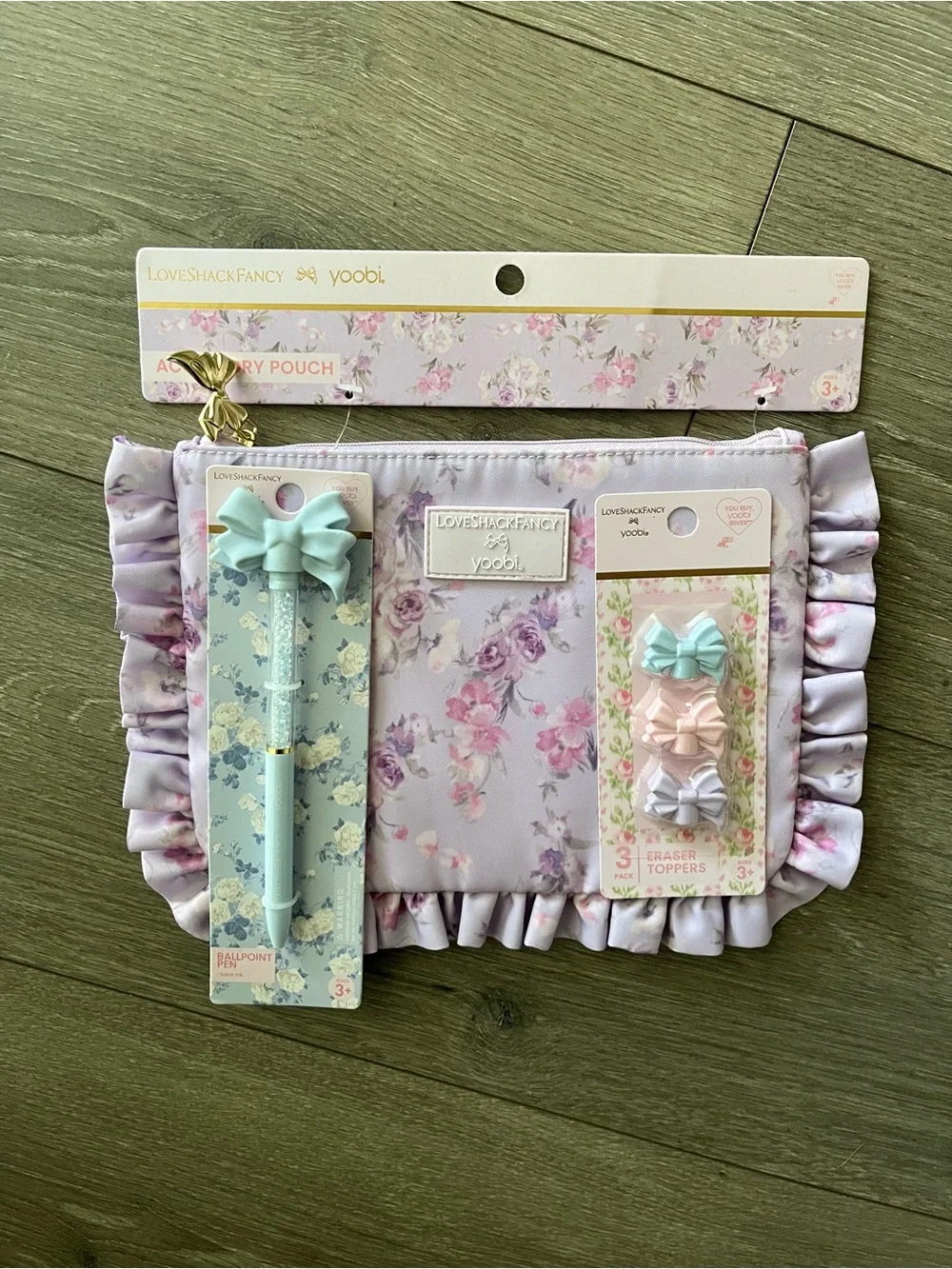 NWT Target x LoveShackFancy Girls Floral Ruffle Pouch, Pen and Eraser Bundle